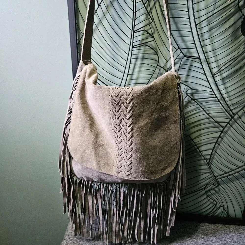 Raj | Boho Hippie Gray  Suede Fringes Crossbody Shoulder Messenger Bag